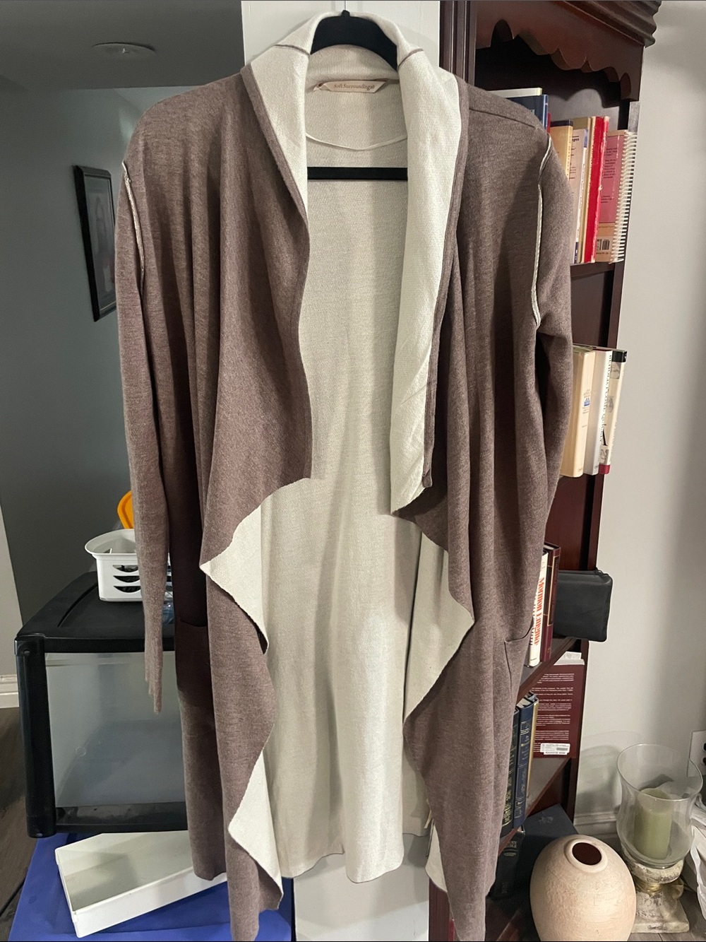 Soft Surroundings Taupe and Cream Draped Open-Front Cardigan